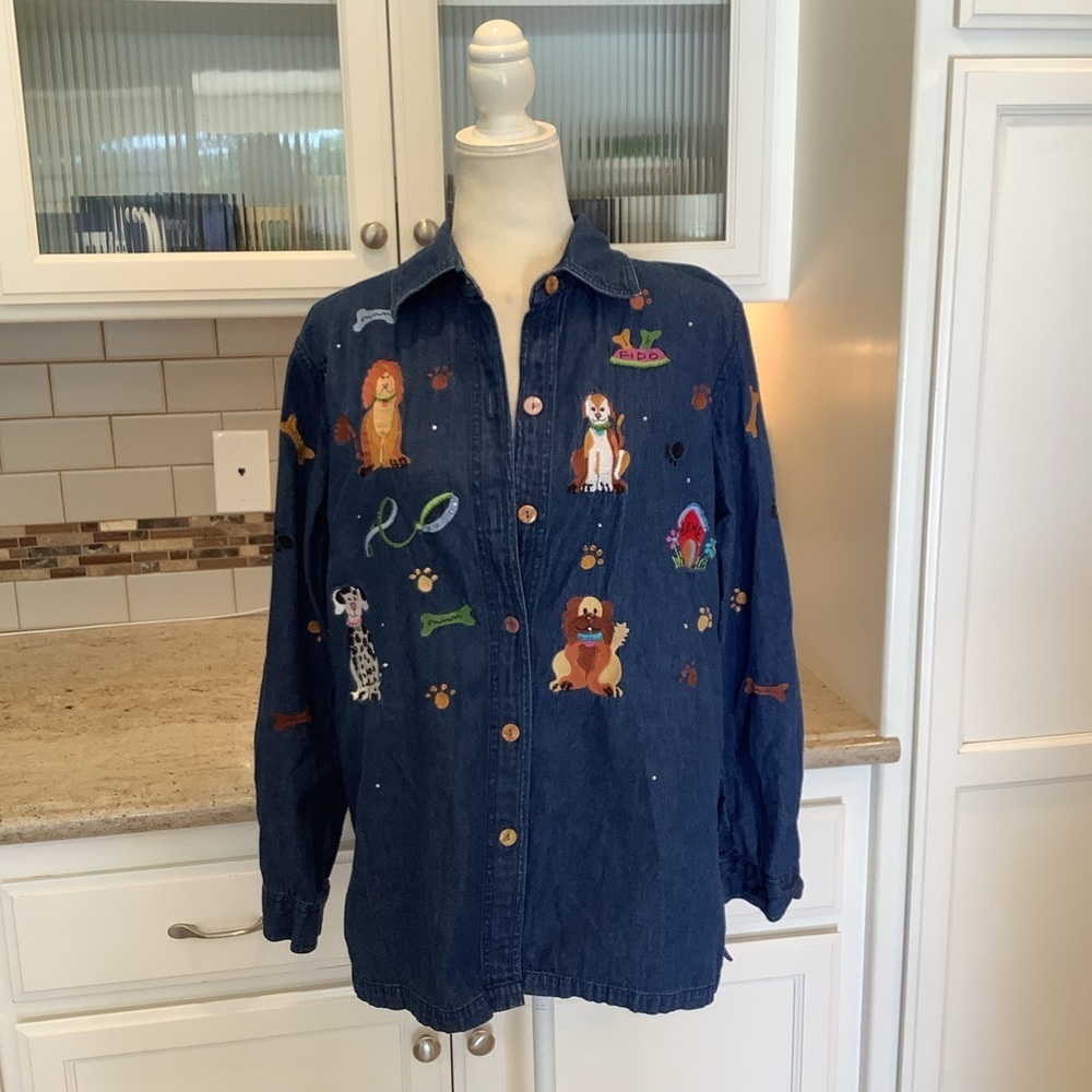 Quacker Factory Denim Shirt with Dog Embroidery Medium
